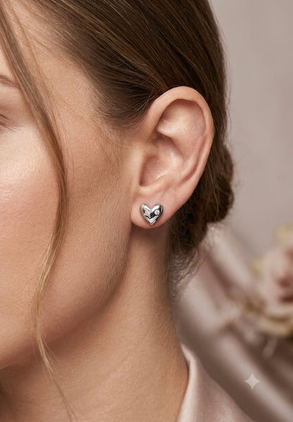 Chunky Silver Puffy Heart Stud Earrings – Starburst & Crystal Inset Heart Earrings