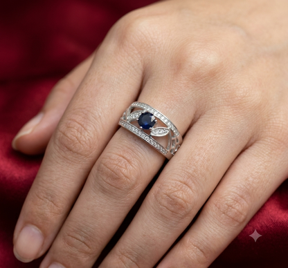 925 Sterling Silver Royal Blue Sapphire Solitaire Statement Ring with Leaf Filigree & Pavé CZ Borders