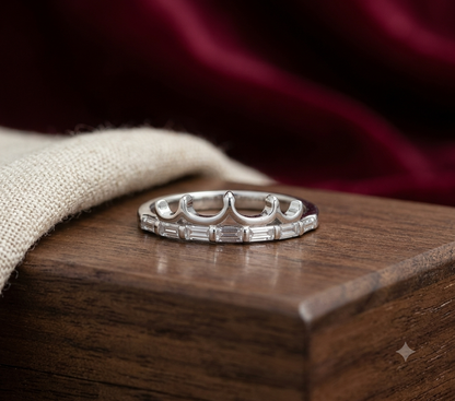 925 Sterling Silver Tiara Crown Ring with Baguette Cut CZ Diamonds for Women