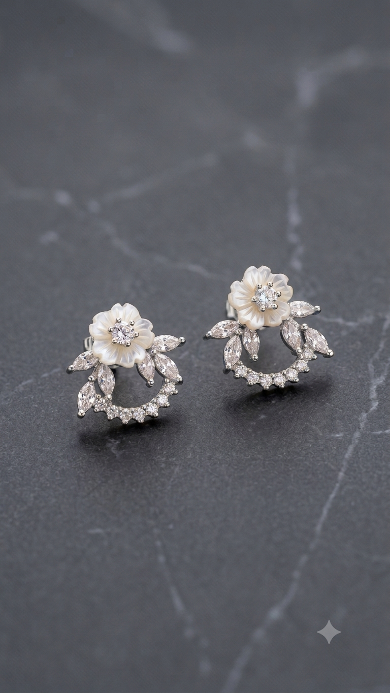 Silver Floral Modern Mangalsutra with matching earrings.