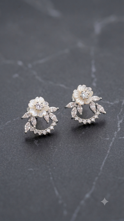 Silver Floral Modern Mangalsutra with matching earrings.