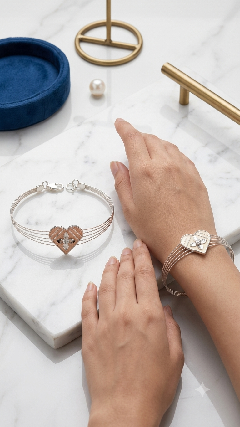 Elegant Two-Tone Rose Gold & Silver Heart Kada Bracelet for Women & Girls | Modern Floral Charm Multi-Strand Bengle