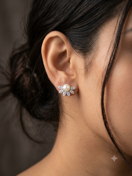 Aavika Zevar Classic Teardrop Pearl Earrings for Women | CZ Stone Silver Studs