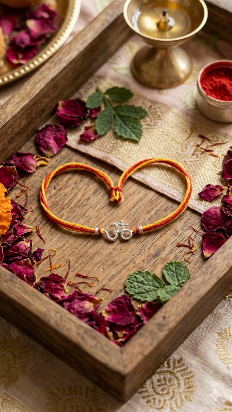 Silver Om Rakhi (Set of 3) – Sacred Red & Yellow Mauli Thread