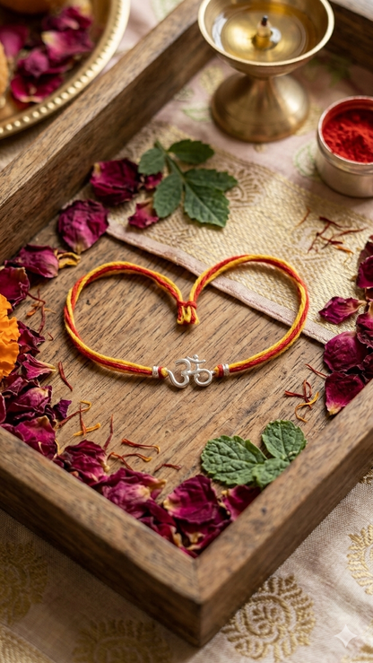 Silver Om Rakhi (Set of 3) – Sacred Red & Yellow Mauli Thread