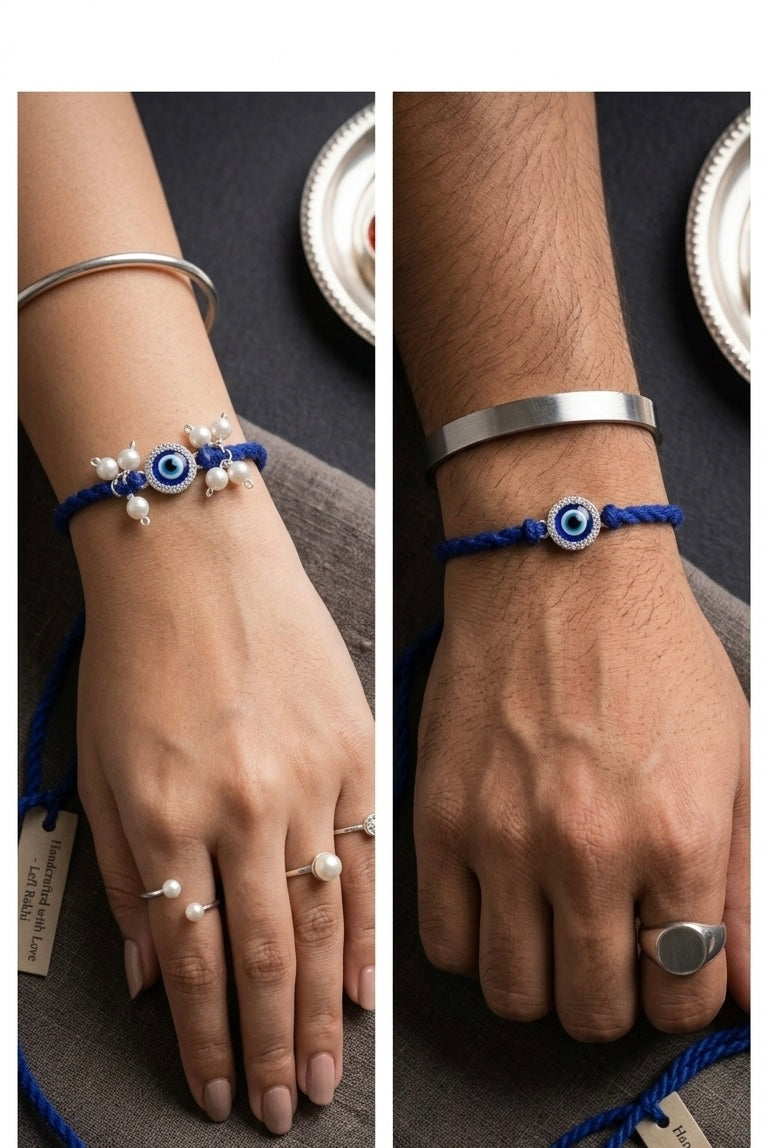 Silver Blue Evil Eye & Pearl Bhaiya Bhabhi Rakhi Set
