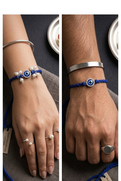 Silver Blue Evil Eye & Pearl Bhaiya Bhabhi Rakhi Set
