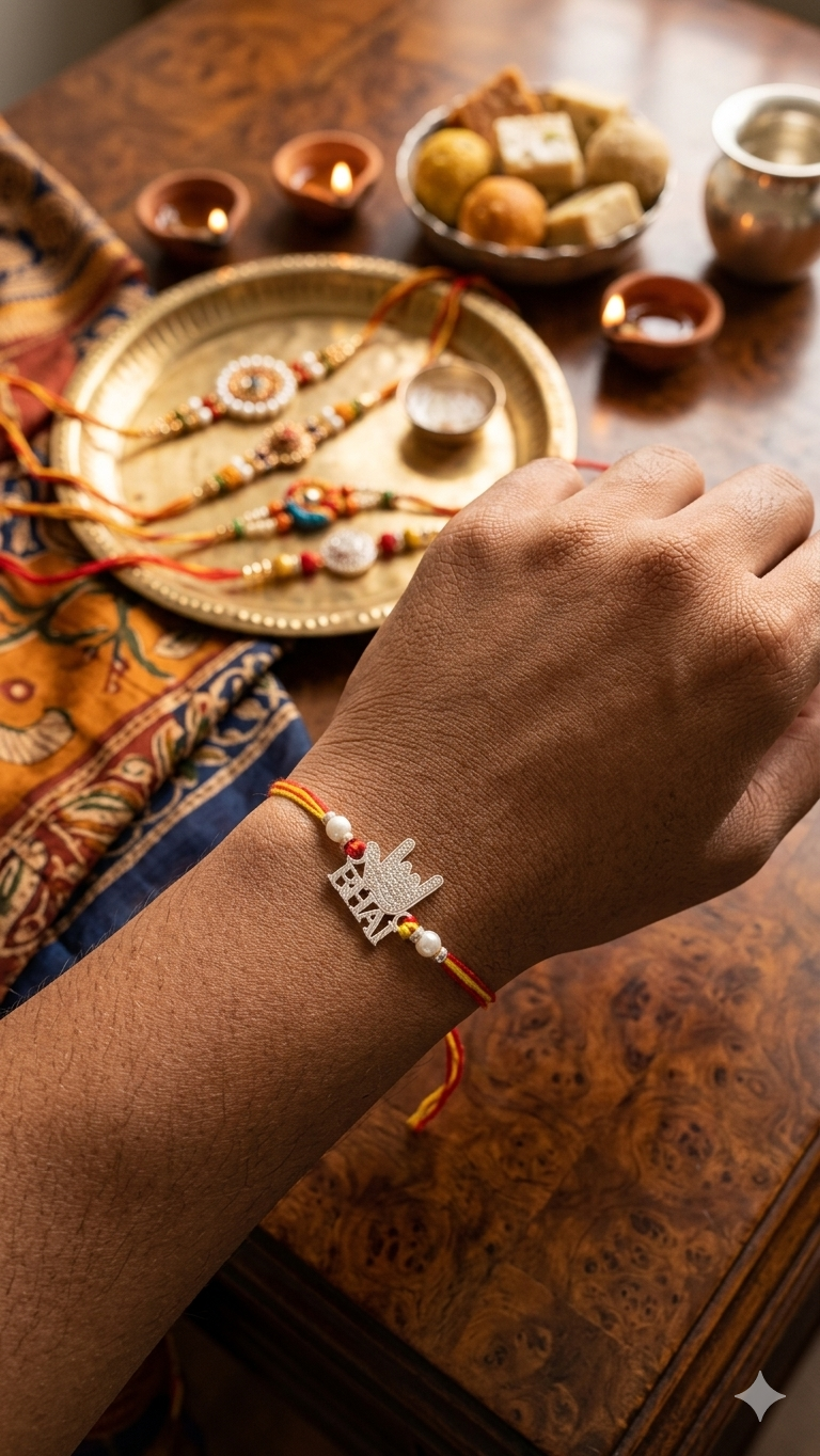 Silver "Bhai" Rock Sign Rakhi (Set of 3) – Sacred Mauli Thread with Pearl Accents
