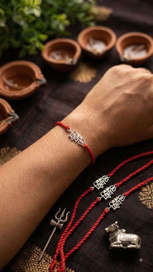 Silver Shiva Trishul Devanagari Sacred Red Thread Rakhi ( set of 3/5 )