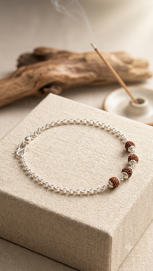 Silver Four-Bead Rudraksha Bracelet for Men & Women