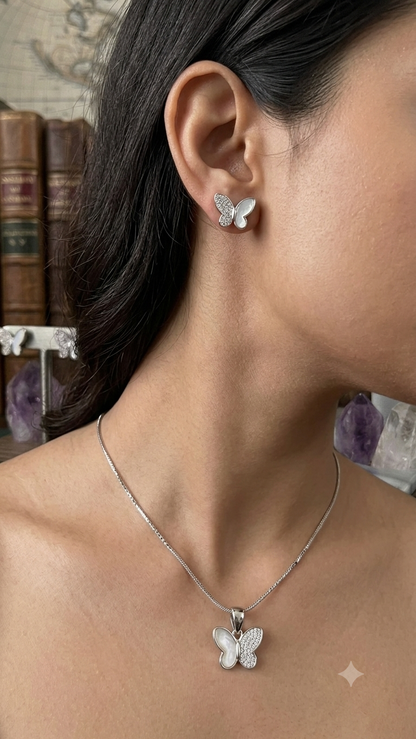 925 Silver butterfly Pendant Necklace with Sparkling earring