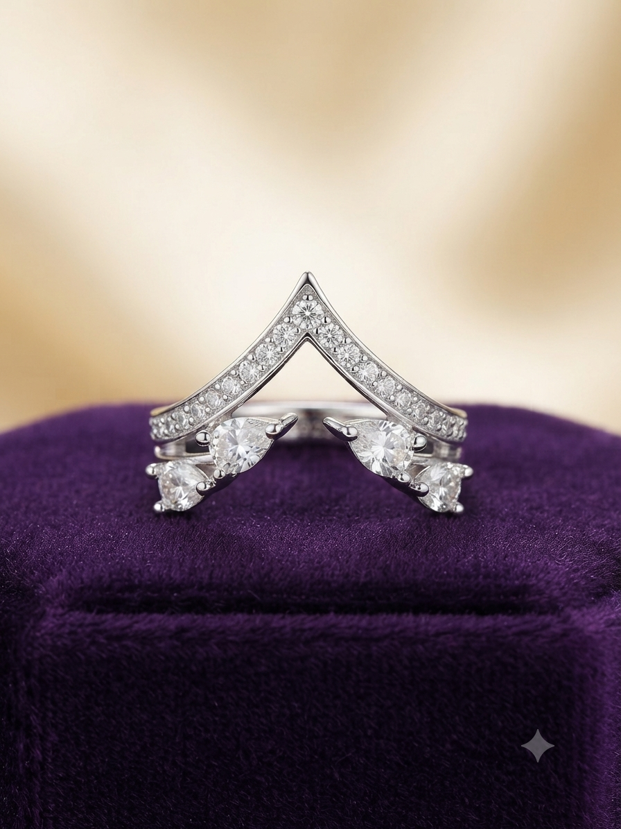 Silver Chevron Tiara Ring Enhancer – Pear Cut Cubic Zirconia V-Shape Crown Ring Jacket for Engagement Rings