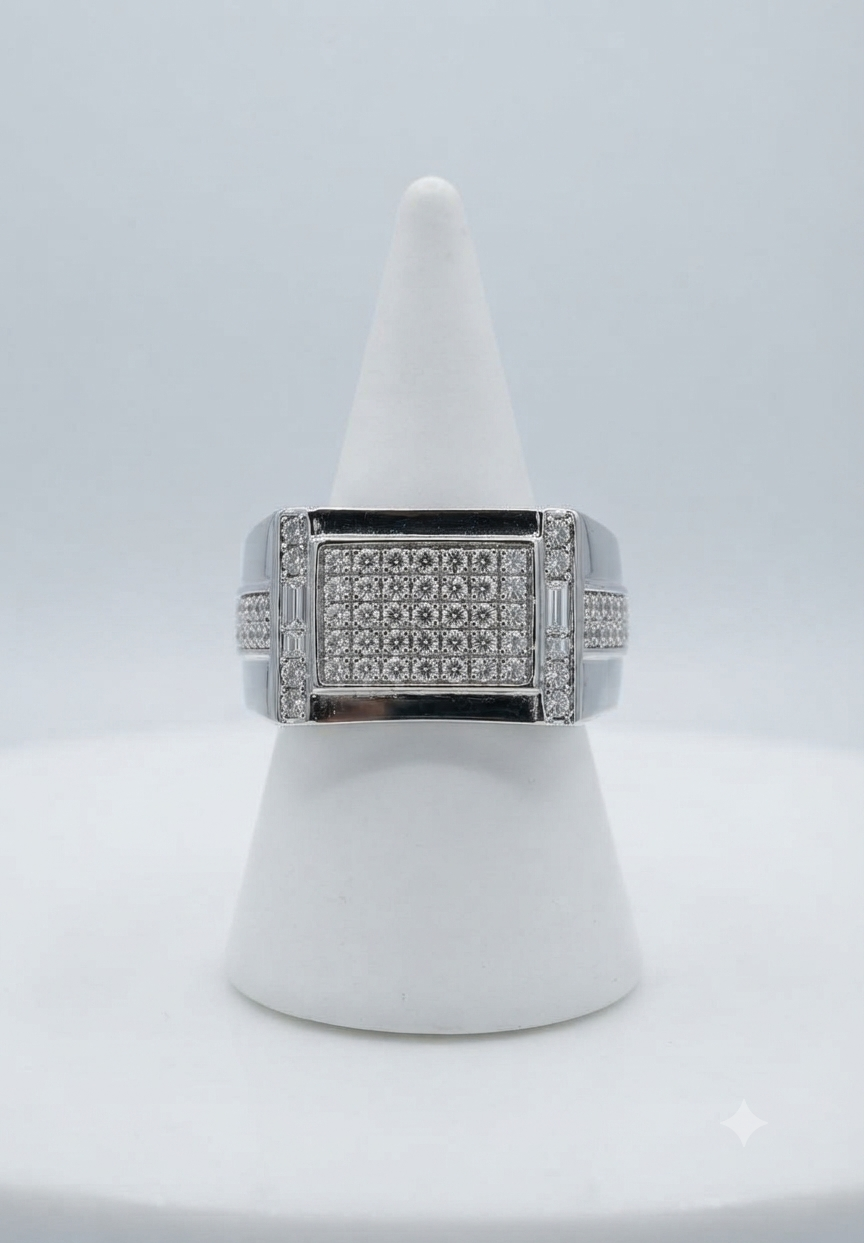 Men’s Rectangular Diamond Signet Ring with Openwork Ladder Shoulders in 925 Silver