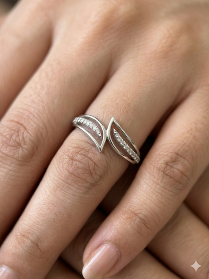 Aavika Zevar Sterling Silver Leaf-Inspired Open Bypass Ring | Handcrafted Sparkling Pavé Crystal Adjustable Ring for Women | Modern Minimalist Nature Jewelry