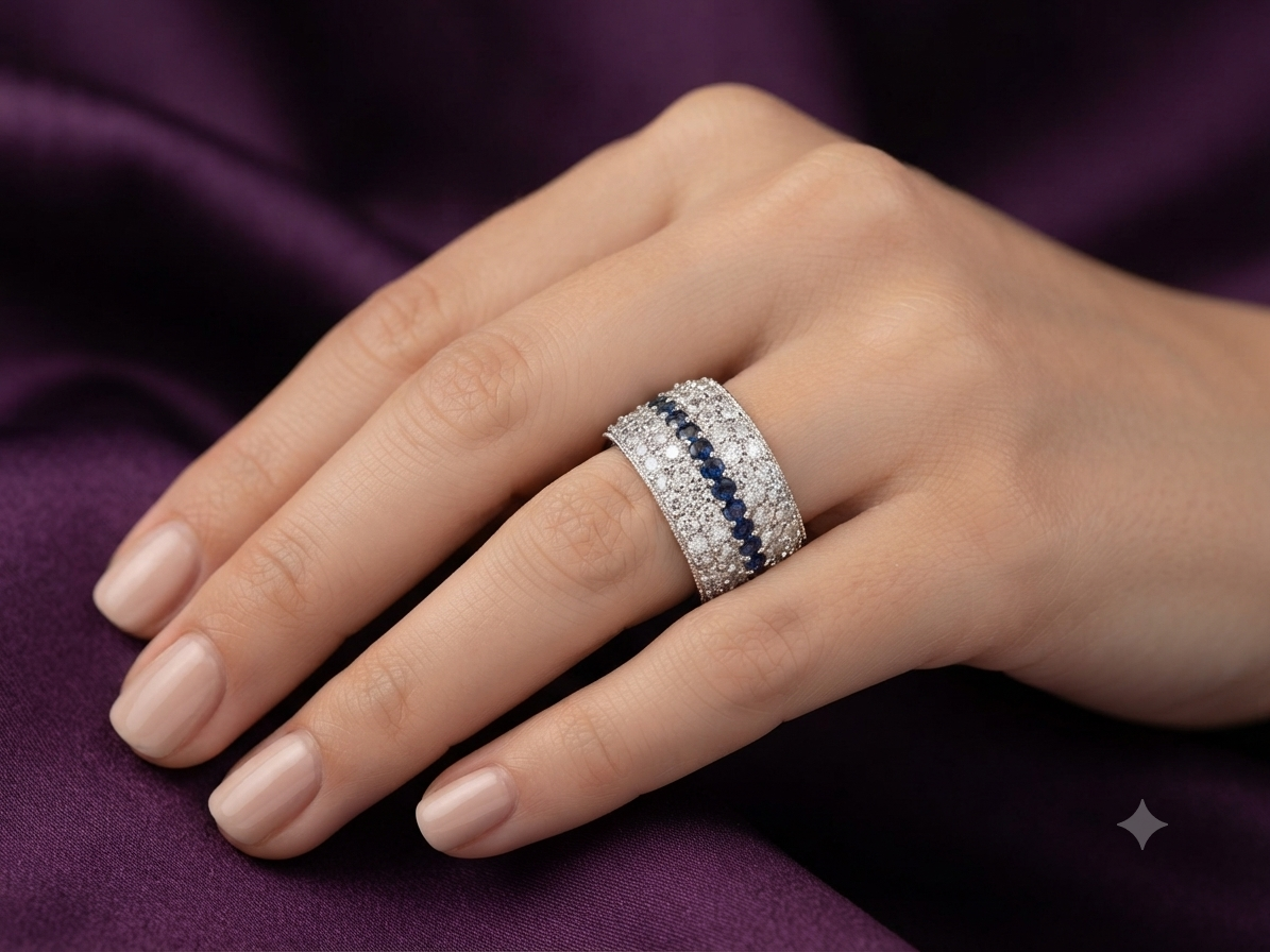 Sterling Silver Blue Sapphire & White CZ Cigar Band Ring