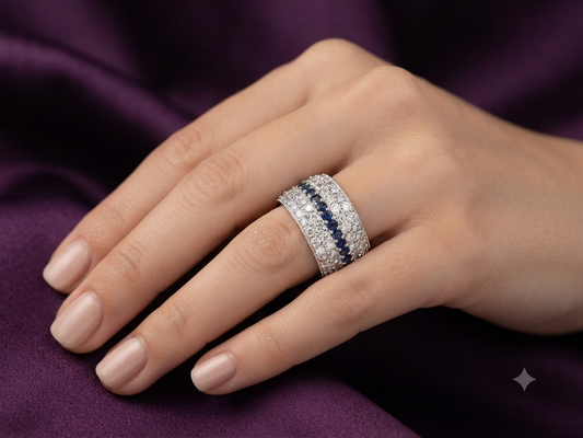 Sterling Silver Blue Sapphire & White CZ Cigar Band Ring