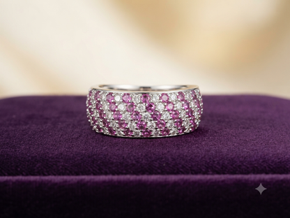 Sterling Silver Pink Sapphire & White CZ Cigar Band Ring – Two-Tone Wide Dome Cocktail Ring