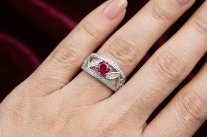 925 Sterling Silver Ruby Red Solitaire Statement Ring with Filigree Lattice & Pavé CZ for Women