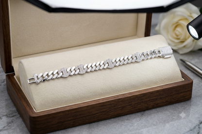 Silver Men's Miami Cuban Link Bracelet – CZ Encrusted Geometric Accent Chain Bracelet