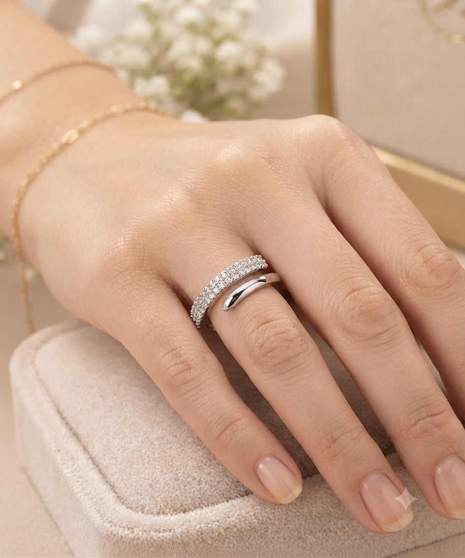 Modern Sterling Silver Wrap Ring – Dual-Band Open Cuff Statement Ring