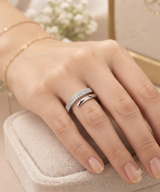 Modern Sterling Silver Wrap Ring – Dual-Band Open Cuff Statement Ring