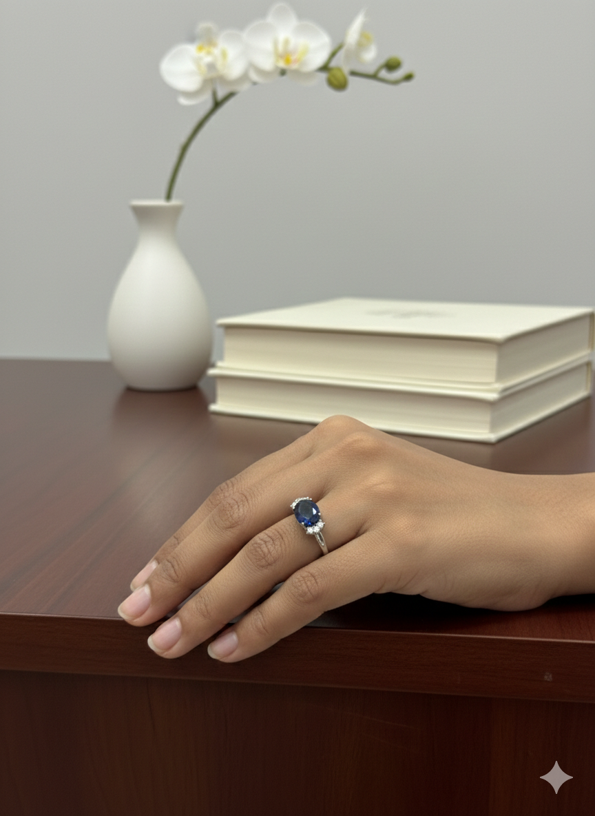 Midnight Sapphire Oval Ring with Diamond Accents in italian silver