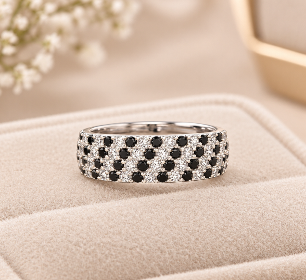 Black and White Spinel Pavé Wide Band Ring – Sterling Silver Polka Dot Statement Cigar Band
