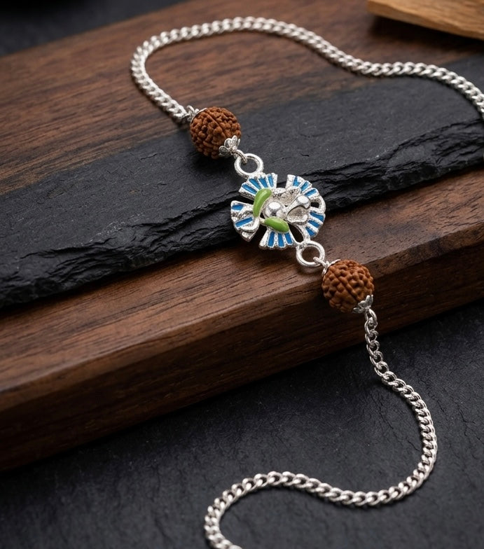 925 Sterling Silver Meenakari Ganesha Rudraksha Rakhi Bracelet for Men