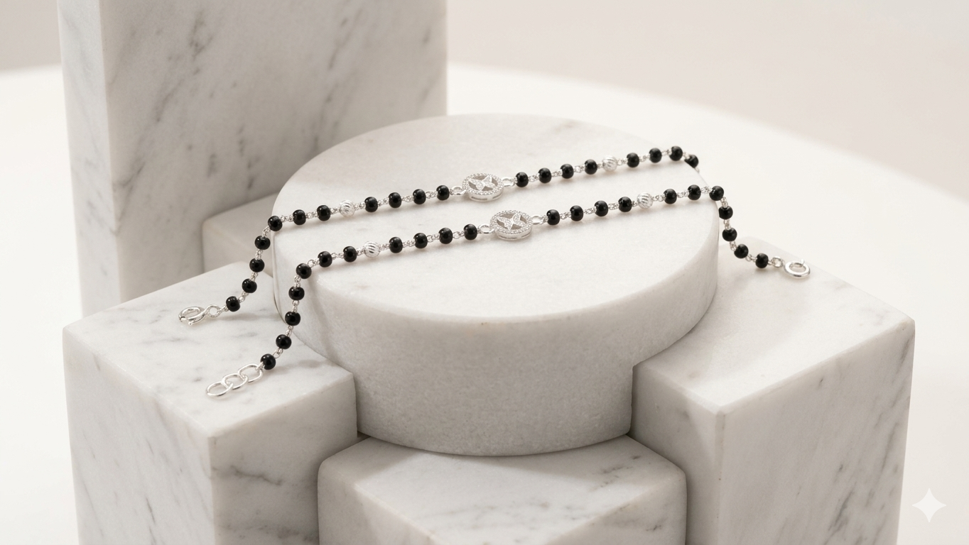 Silver nazariya with Black beads and buterfly center piece