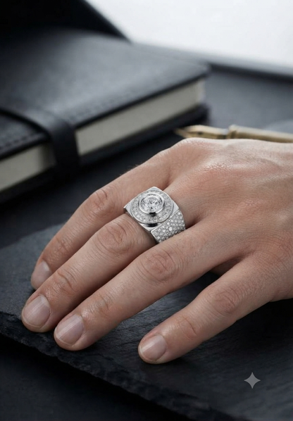 Men’s Round Cut Halo Diamond Signet Ring In 925 Silver