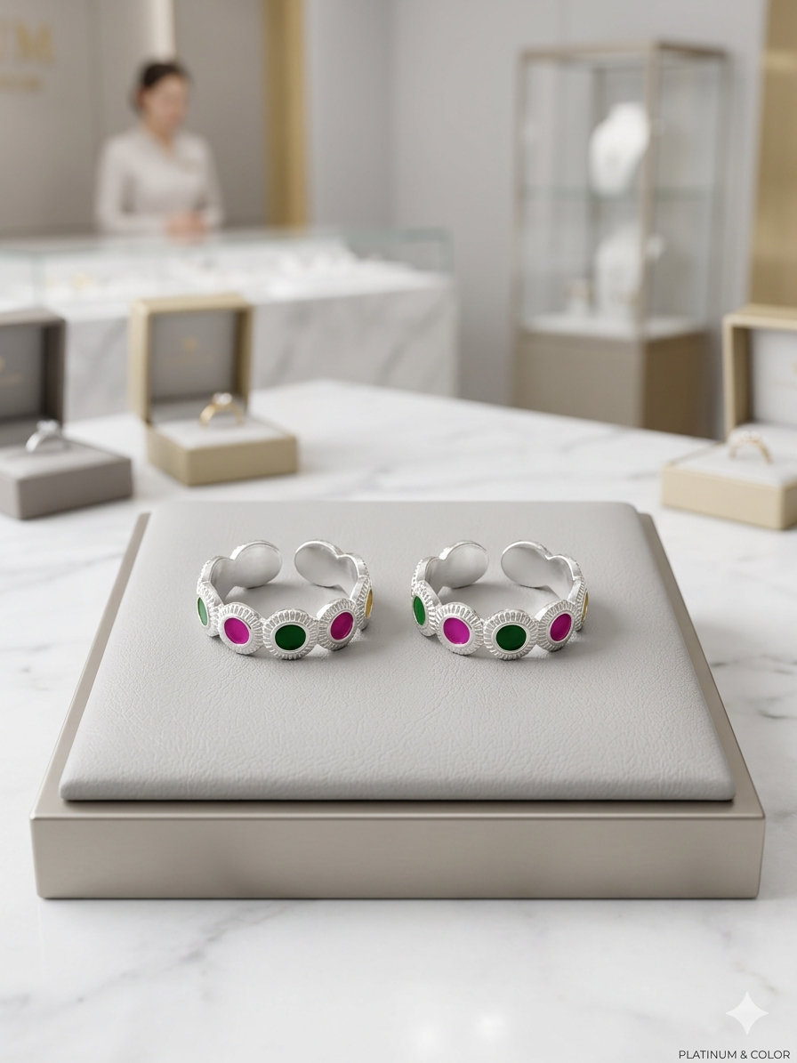 Aavika Sterling Silver Geometric Mosaic pink & green Enamel Pattern (Pair) Toe Rings