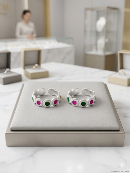 Aavika Sterling Silver Geometric Mosaic pink & green Enamel Pattern (Pair) Toe Rings