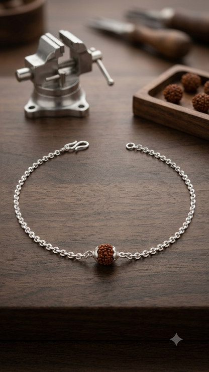 Silver Single-Bead Rudraksha Chain Bracelet / Rakhi