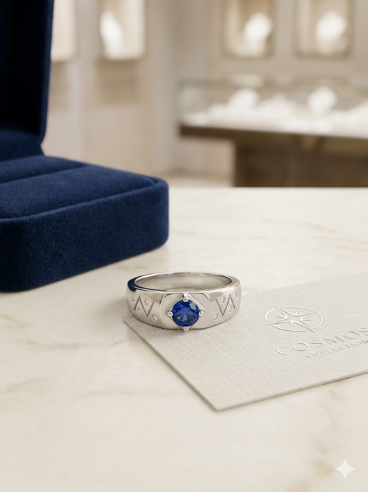 Men’s Cosmos Blue Sapphire Ring – 925 Silver Band with Textured Engravings