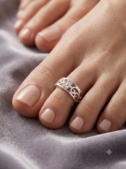 Pure 925 Sterling Silver Floral Filigree Toe Rings (Bichiya) for Women – Adjustable Open-Loop Pair