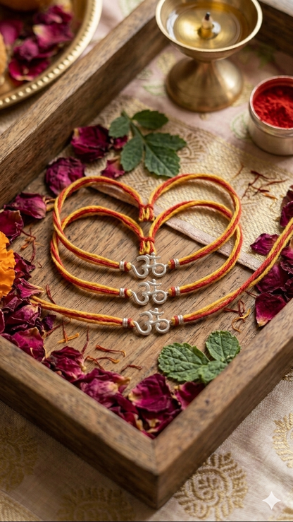 Silver Om Rakhi (Set of 3) – Sacred Red & Yellow Mauli Thread
