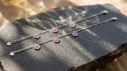 Sterling Silver Enamel Multi-Heart Charm Anklet (pair)
