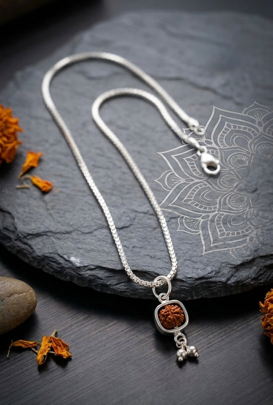 Silver rudraksha Pendant with silver box Chain | Pure Silver Spiritual Necklace | Elegant Daily Wear Jewelry | Ideal Gift for Devotees