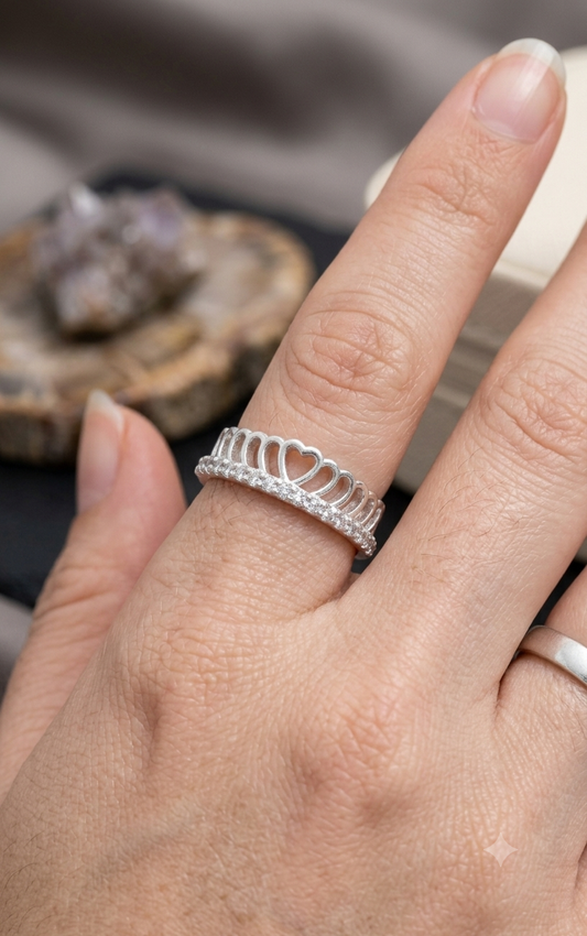 Women's Silver Heart Crown Tiara Ring / Cubic Zirconia Princess Band