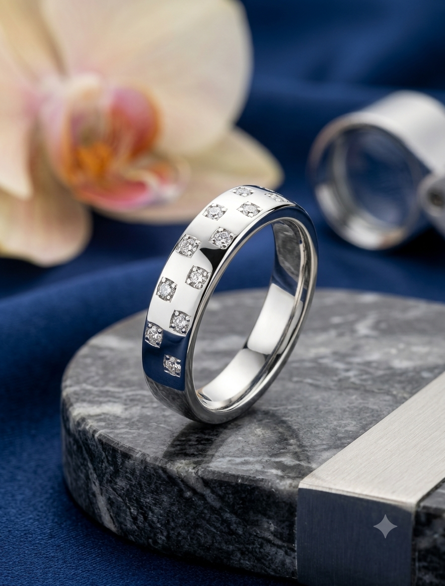 Men’s Starburst Flush-Set Diamond Wedding Band in High-Polish 925 Silver – Scattered Diamond Ring
