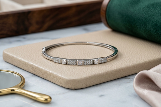 925 Sterling Silver Elegant CZ Studded Kada Bracelet for Women | Sleek Italian Finish | Adjustable Silver Bangle for Daily & Party Wear