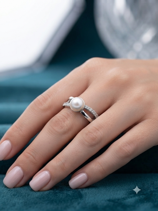 925 Silver Astrid Bezel Pearl Dual-Band Ring