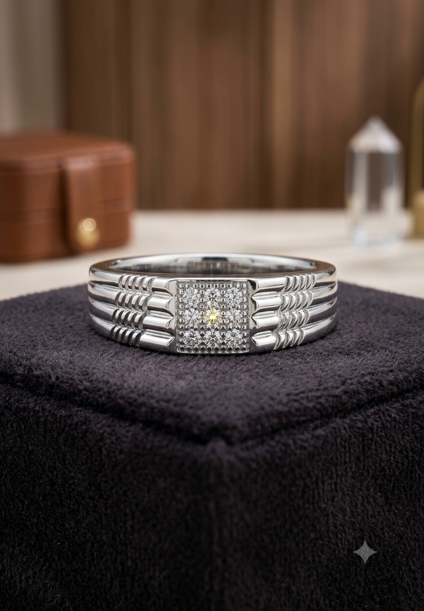 925 Sterling Silver Signet Ring for Men – Square Cluster Micro-Cubic Zirconia Statement Ring