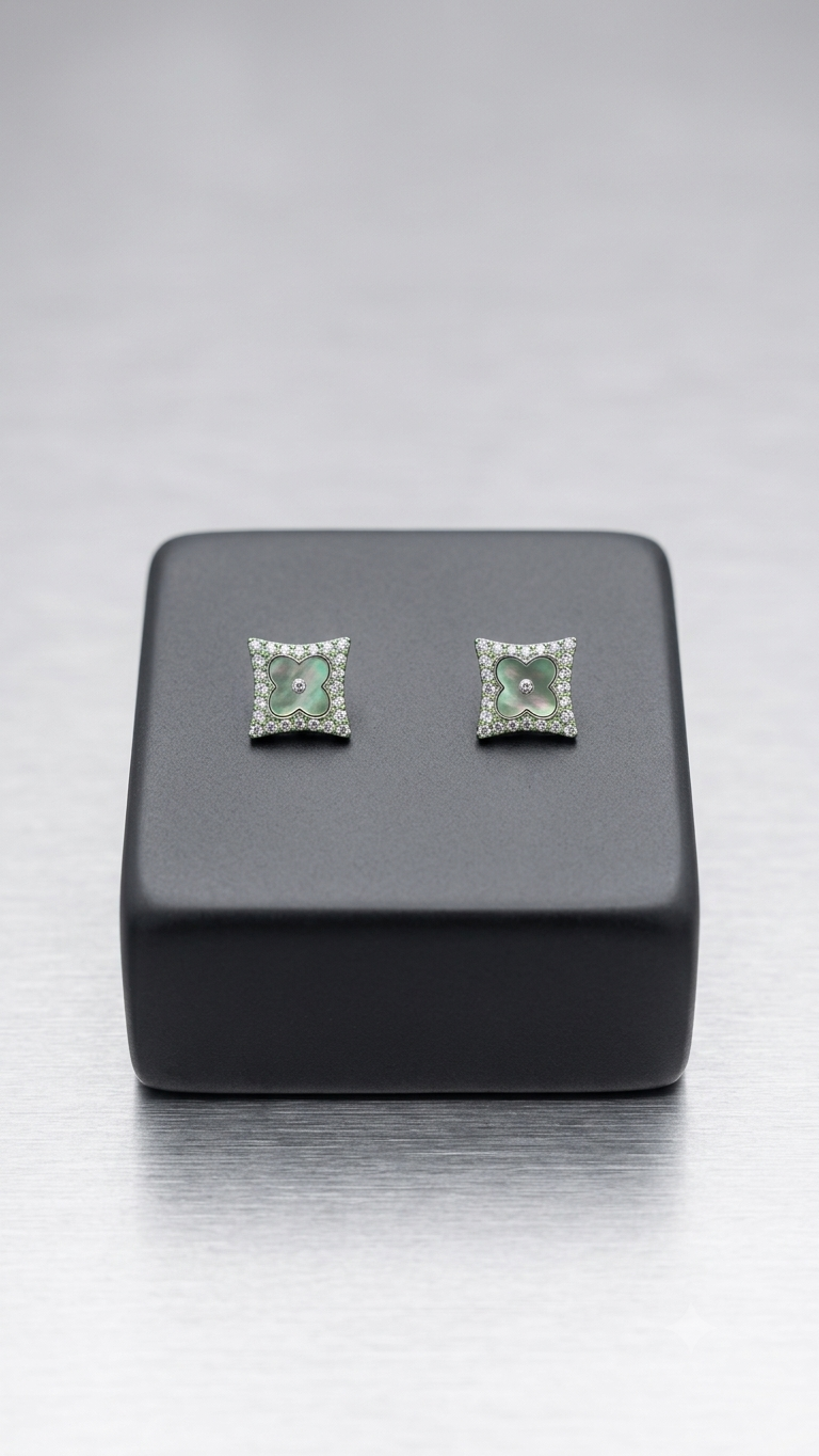 Mother-of-Pearl & Diamond Clover Stud Earrings
