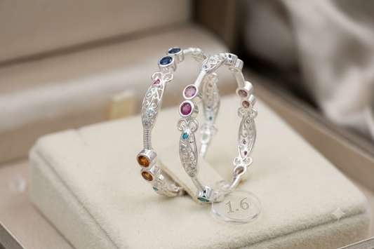 Silver Kids Navratna Style Filigree Bangles Pair (Size 1.6) 1 to 2 year kids – Multicolour Stone Kada Set for Girls