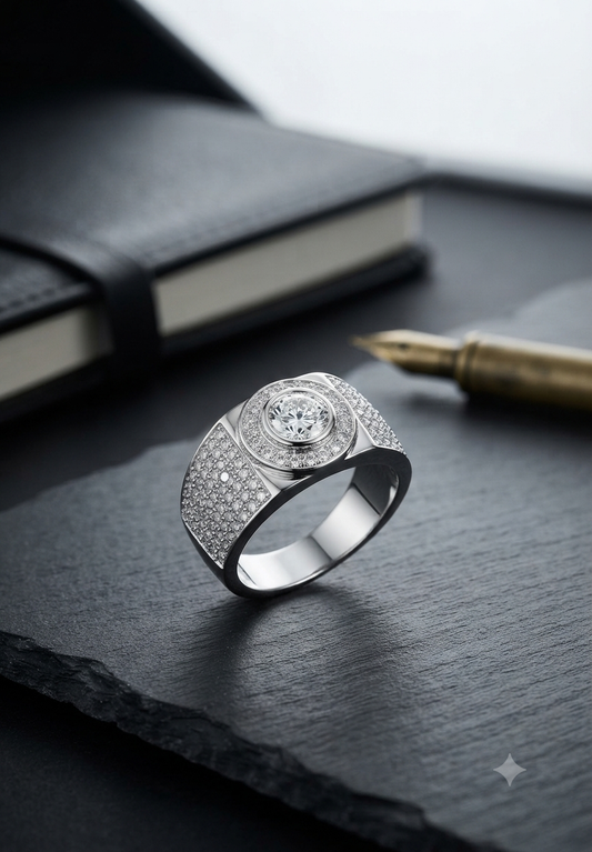 Men’s Round Cut Halo Diamond Signet Ring In 925 Silver