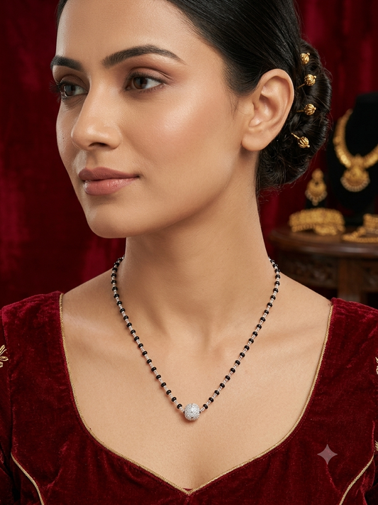 GraceLink Modern Silver Mangalsutra with full dimond ball pendant