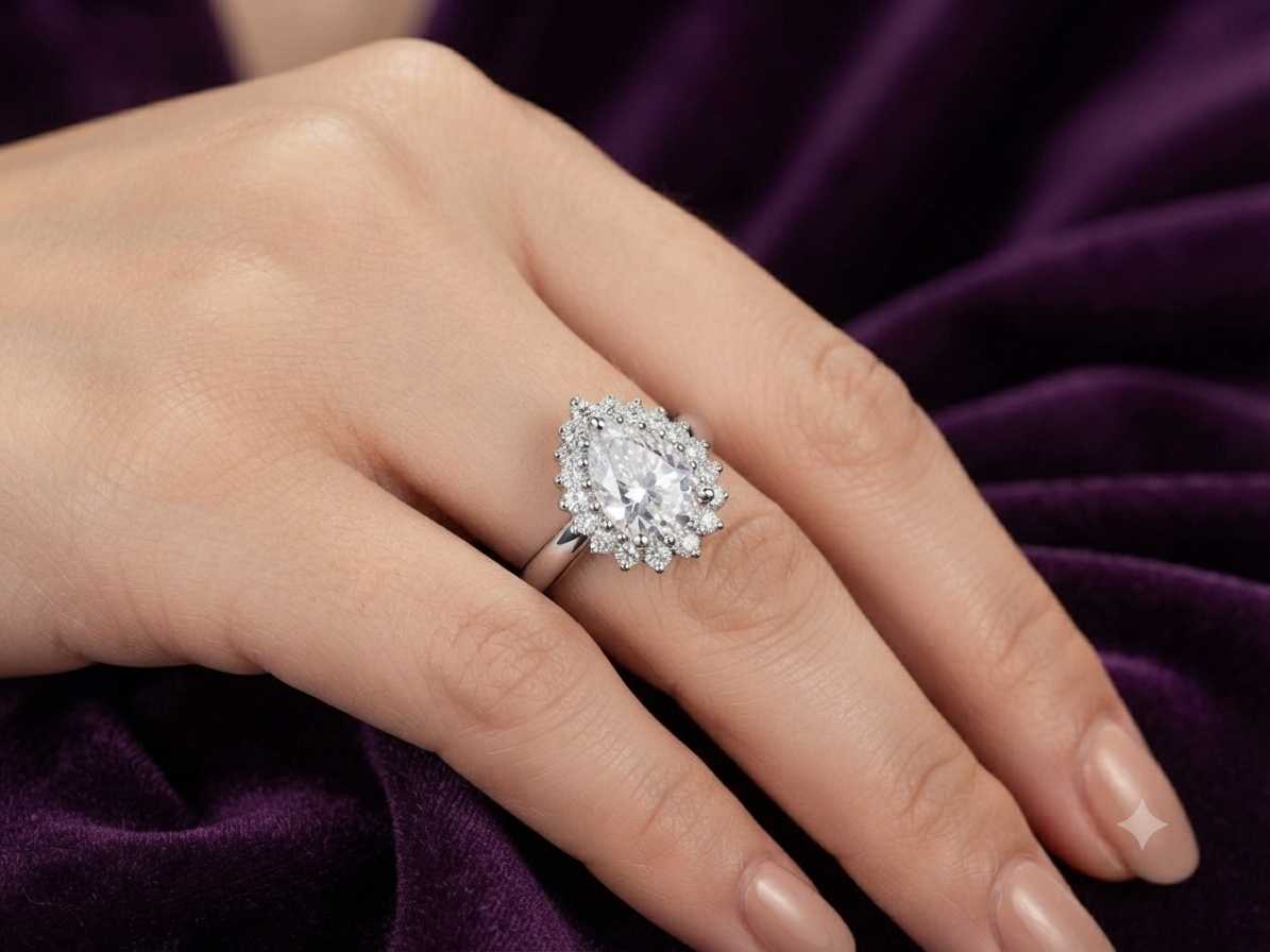 Pear Cut Moissanite Halo Engagement Ring