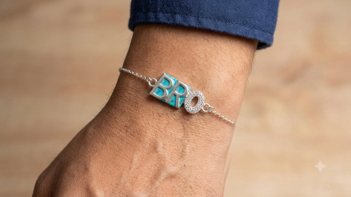 925 Silver "BRO" Alphabet Charm Bracelet / Rakhi with Stone Detailing