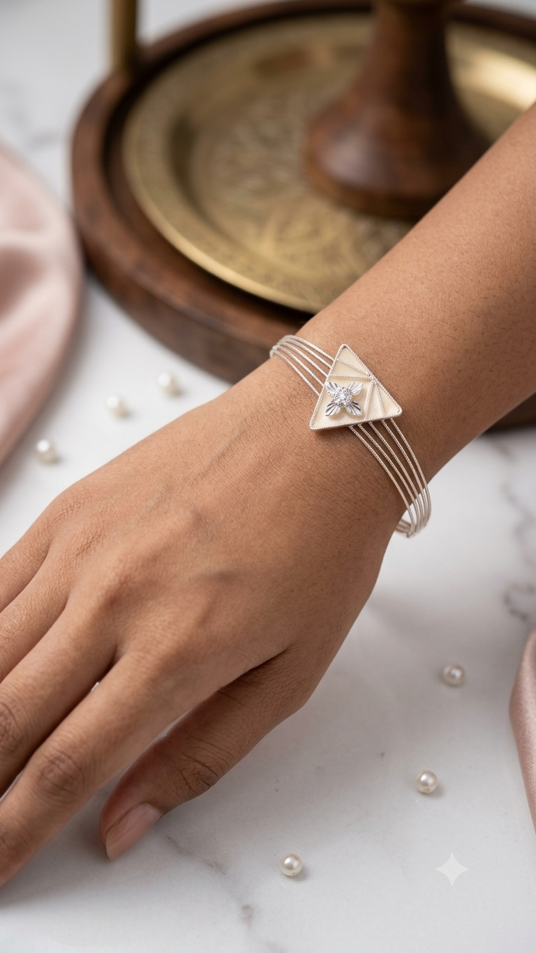 Geometric Elegance: Two-Tone Triangular Silver Kada Bracelet for Women & Girls | Modern Minimalist Multi-Wire Bangle